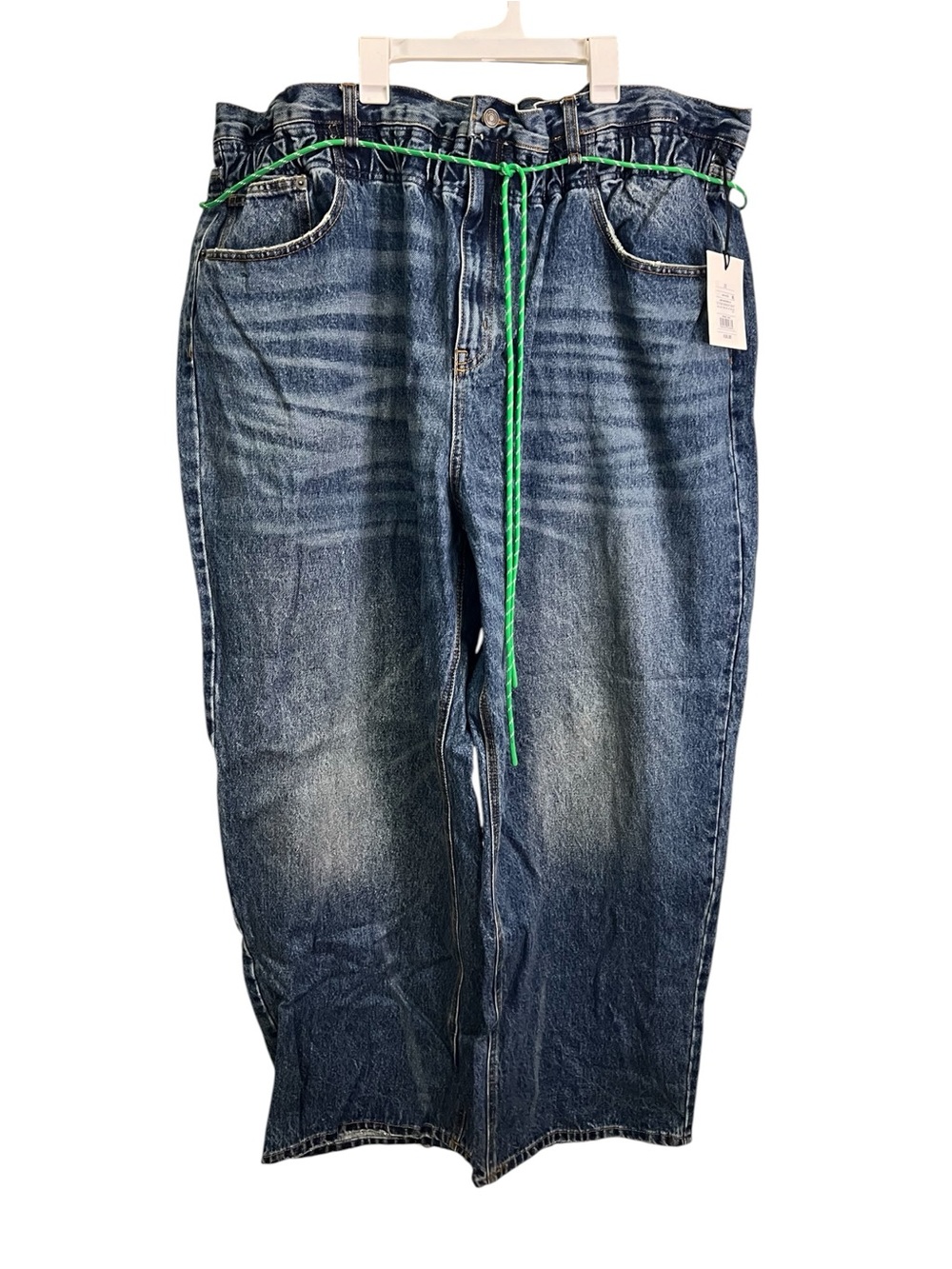 Relaxed Barrel Leg Blue Denim Jeans with Green Drawstring